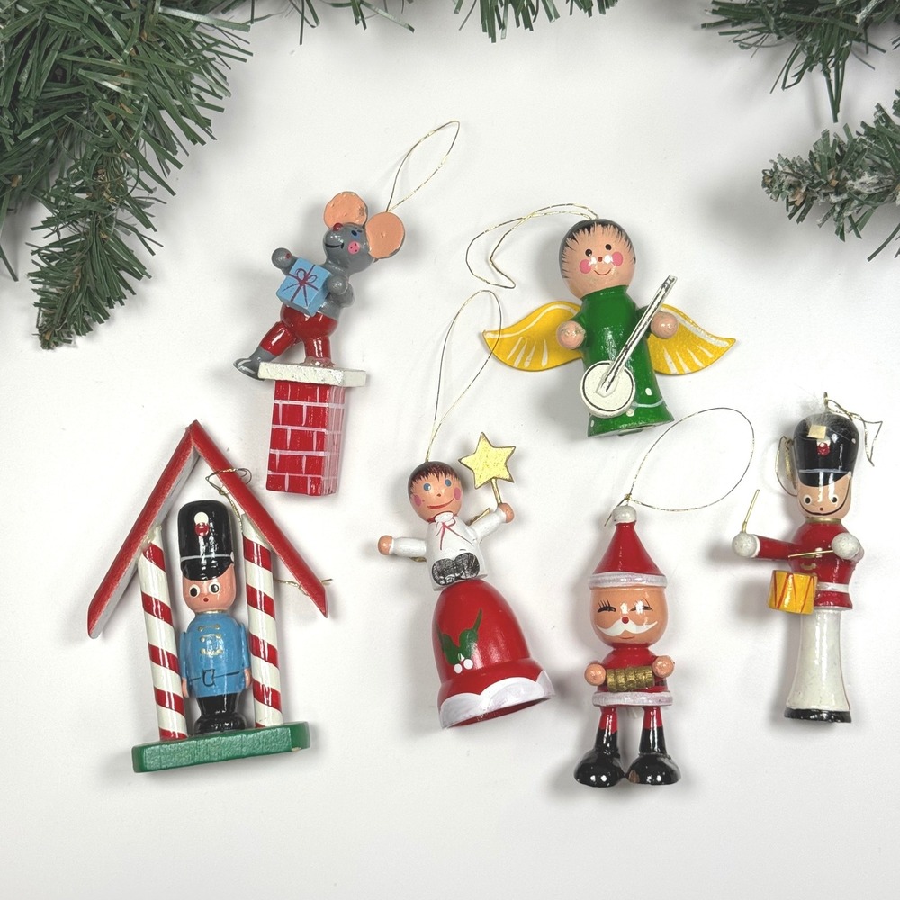 Vtg Wooden Christmas Ornament Lot of 6 Nutcracker Santa Angel Mouse Hand Painted